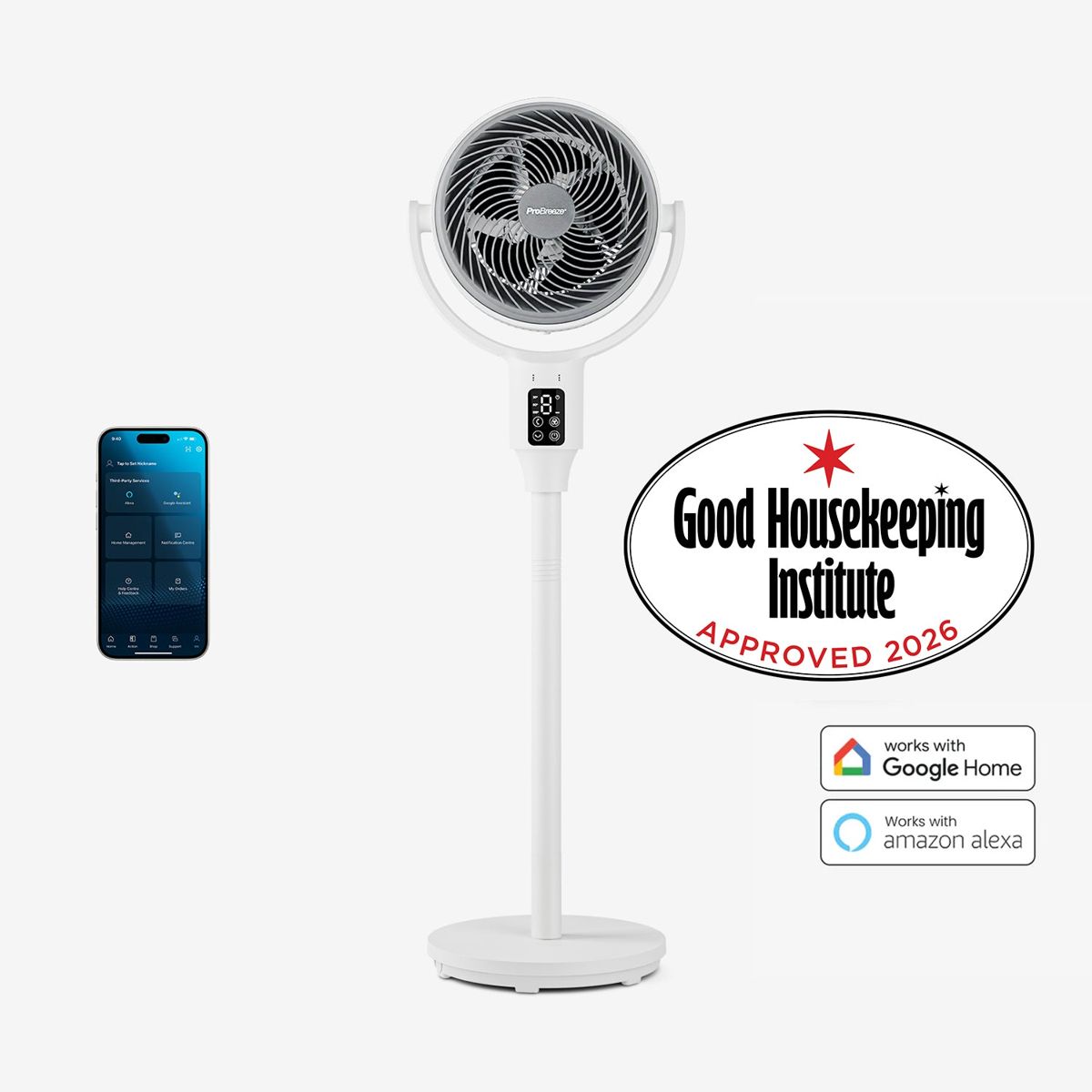 AirFlo™ 43" Smart Hybrid Pedestal Fan - Ultra-Quiet Air Circulator - White/Grey