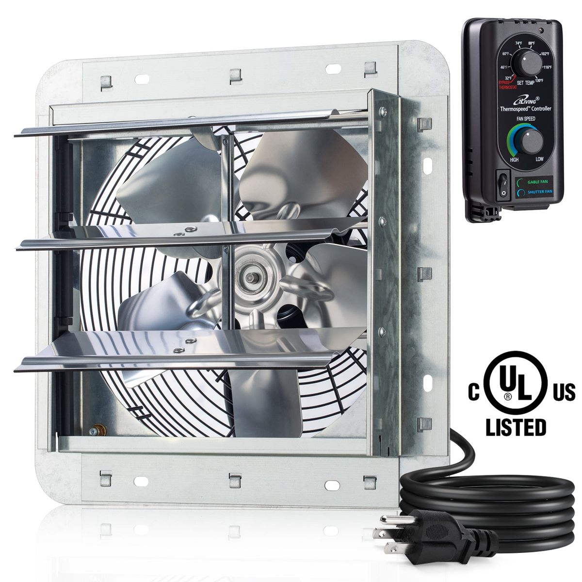 ILG8SF10V-ST - iLIVING 10" Shutter Exhaust Fan with Thermospeed(TM) controller, 65W, 820 CFM, Silver
