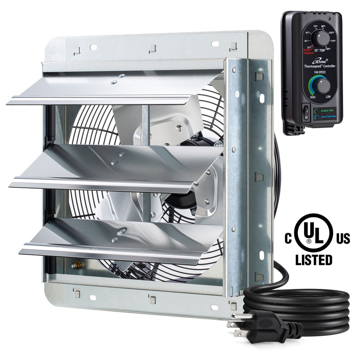 ILG8SF12V-ST - iLIVING 12" Shutter Exhaust Fan with Thermospeed(TM) controller, 65W, 960 CFM, Silver