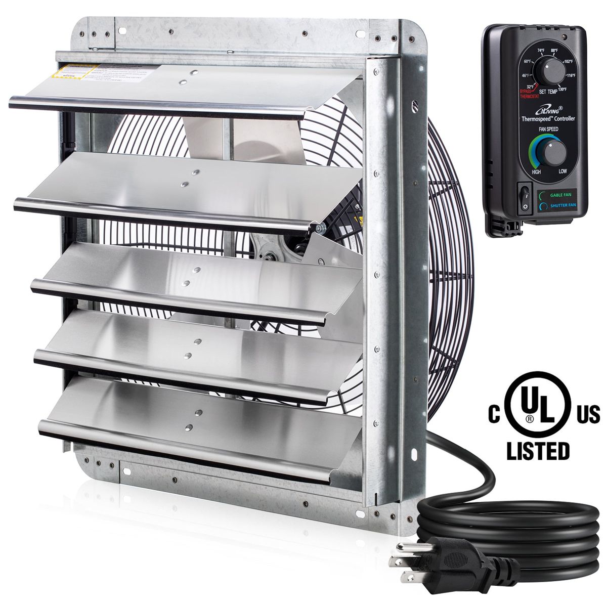 ILG8SF18V-ST - iLIVING 18" Wall Mounted Shutter Exhaust Fan, Automatic Shutter, with Thermostat and Variable Speed controller, 0.85A, 1736 CFM, 2600 SQF Coverage Area, Silver
