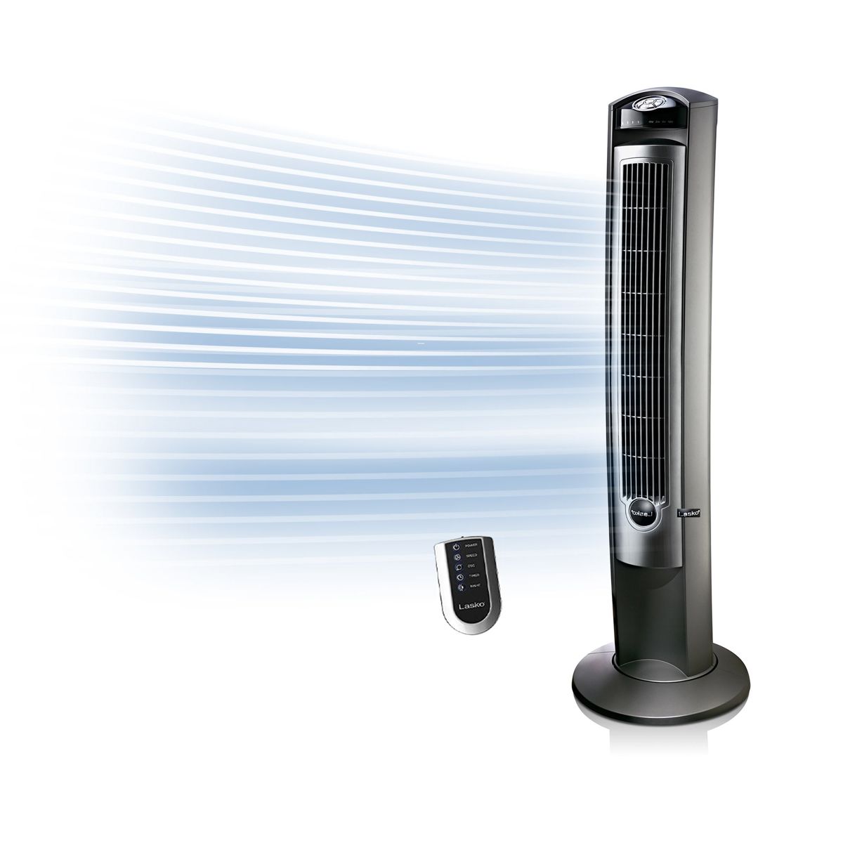 Lasko Wind Curve 42" Tower Fan: Oscillating, 3-Speed, Remote, Timer, Silver
