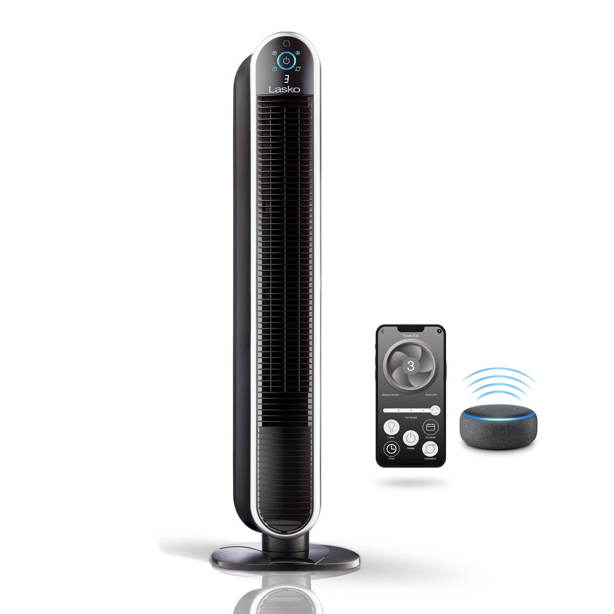 Lasko 40" Smart Tower Fan: Oscillating, 5-Speed, Timer, Wi-Fi, Black