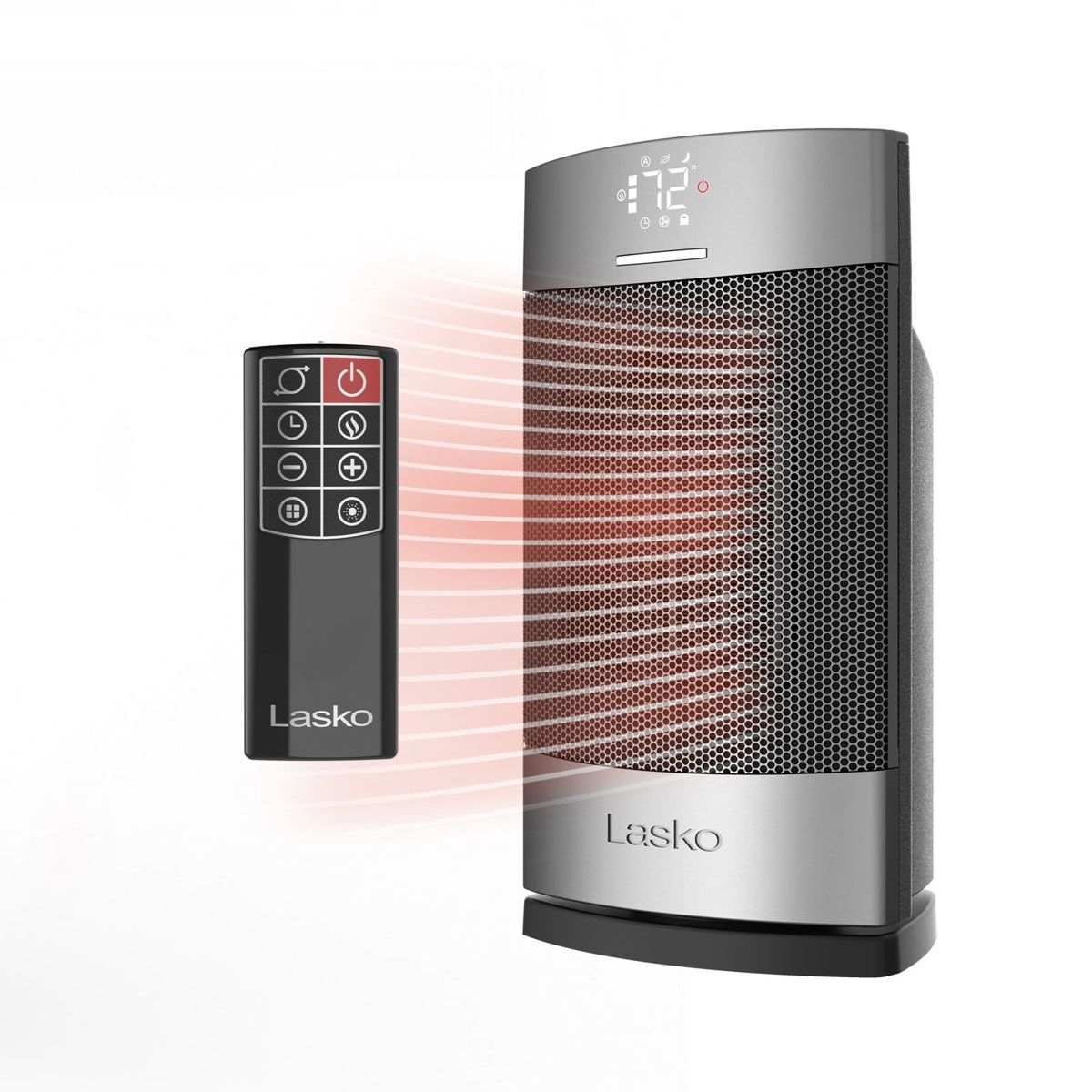 Lasko Ellipse 12" Ceramic Tower Space Heater: Oscillating, 3 Heat Settings, Remote, Timer, Tip-Over Switch, Child Lock, Thermostat, Silver