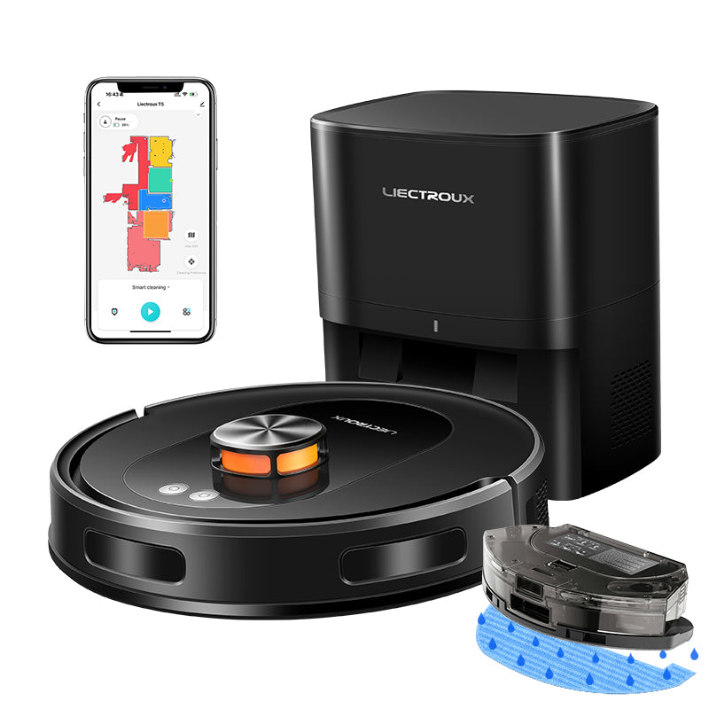 LDS Robot Vacuum Cleaner & Mop Liectroux T9,Wet Dry Cleaning,Self Empty,Multi-floor Map,6500Pa,Carpet Boost,Anti-Tangle Brushes,Dual-Band WiFi 2.4/5GHz