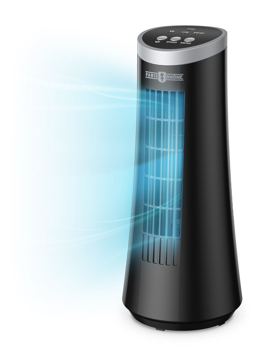 Paris Rhône Tower Fan, 12” Bladeless Desk Fan with 2 Speeds, 75° Oscillation, Carrying Handle, Electric Portable Table Cooling Fan for Home Office Bedroom Nightstand