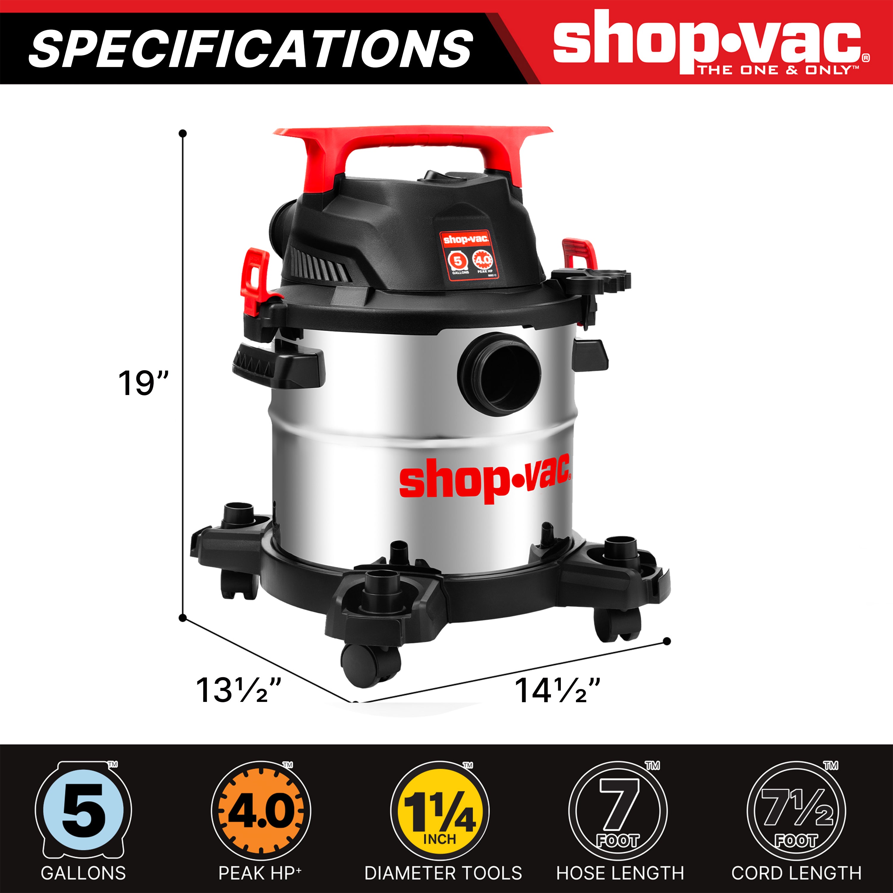 Shop-Vac® 5 Gallon 4 Peak HP Stainless Steel Wet/Dry Vacuum