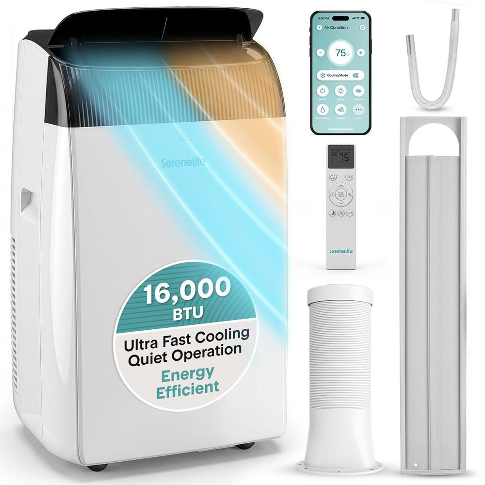 Serenelife Inverter Portable Air Conditioner & Heater With Wi-Fi, 16,000 Btu Cooling (Ashrae), Compact Unit With Dehumidifier & Fan Modes, Includes Window Mount Kit (Gray)