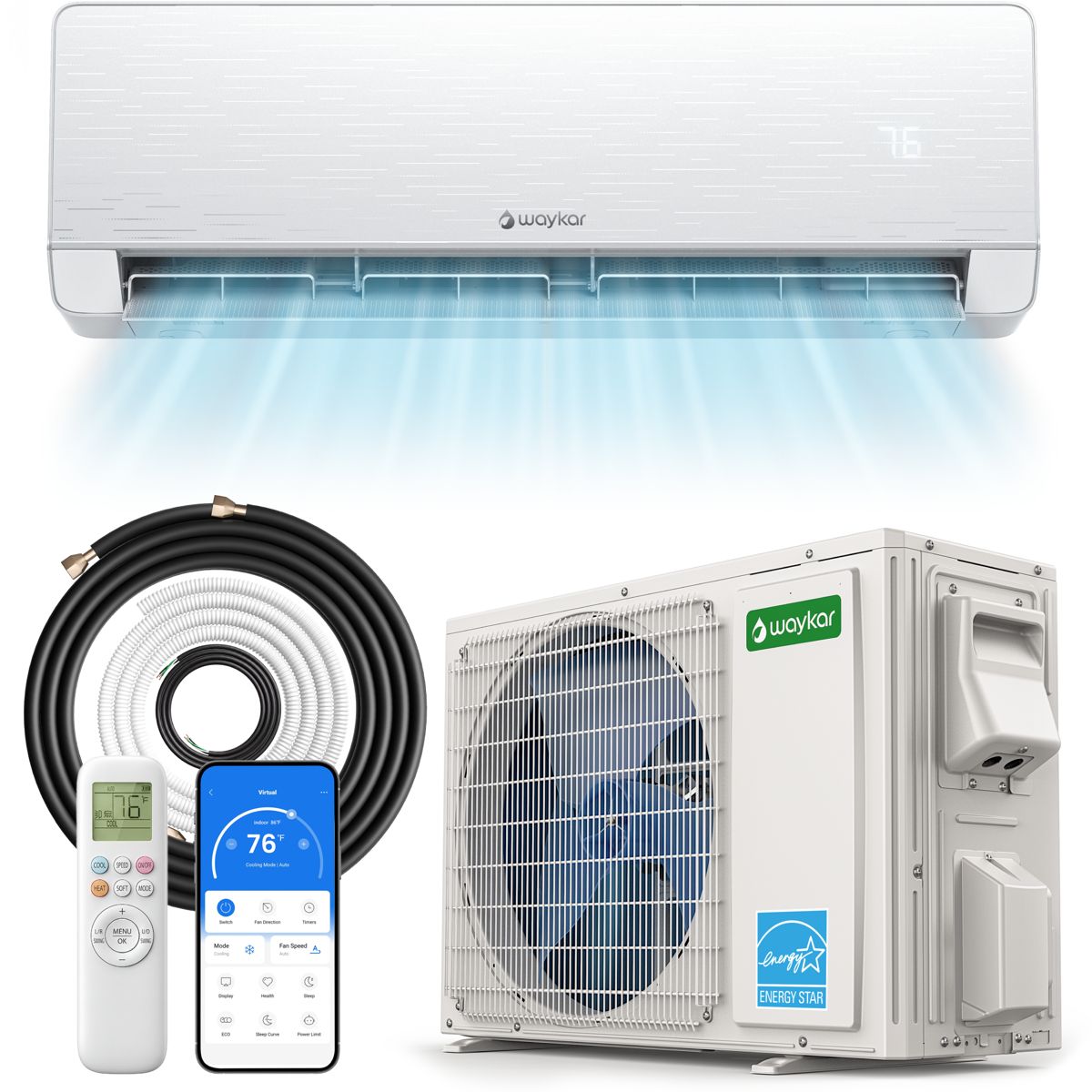 Waykar 18000 BTU Mini Split Air Conditioner/Heater – 22 SEER2 Energy Star, Ultra-Quiet 26dB, Easy DIY Install with Level & Dual Drain, Cools/Heats/Dehumidifies 1500 sq.ft, 230V, ETL/AHRI Certified
